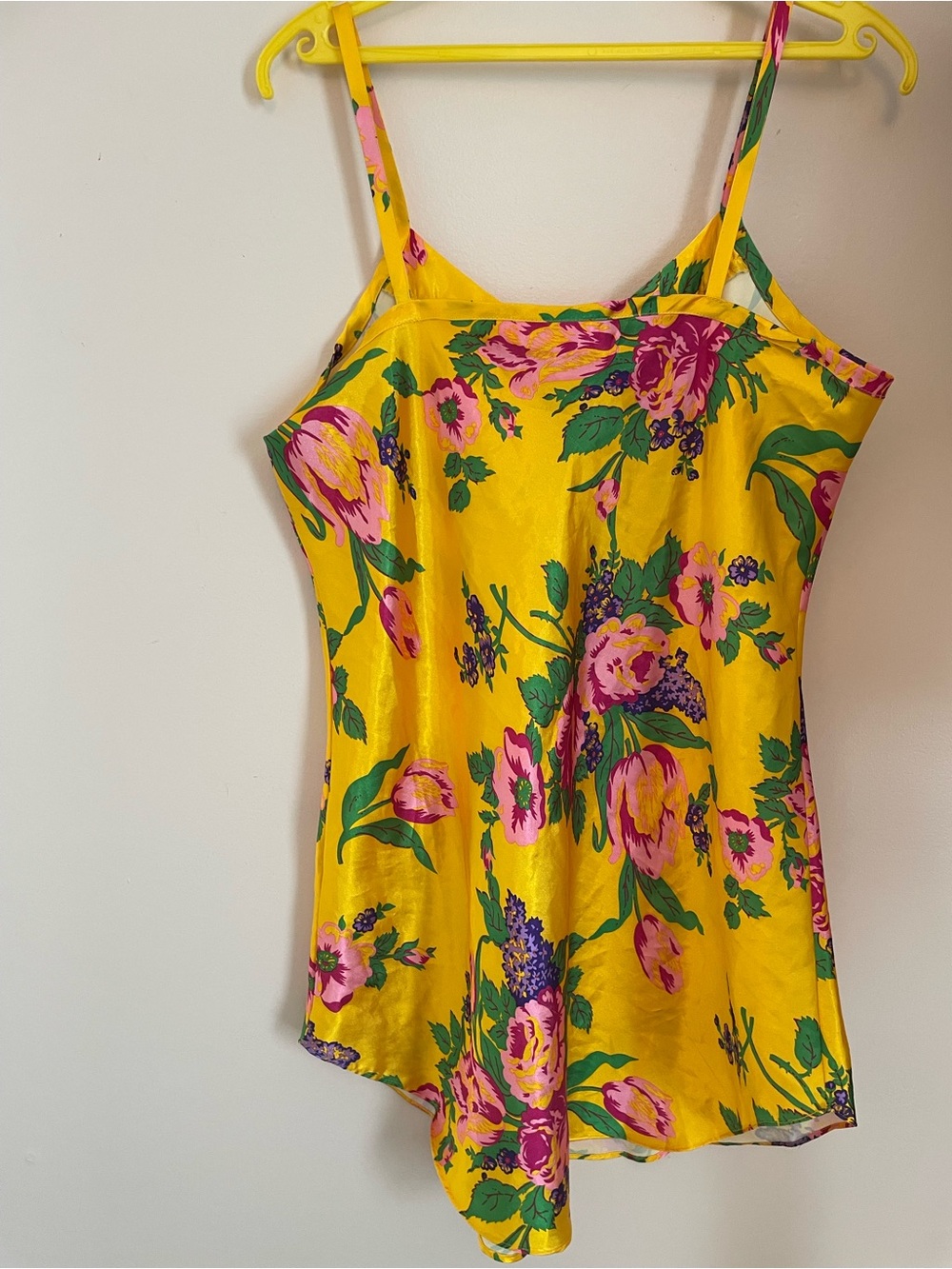 Vintage 80s Yellow Floral Satin Chemise Slip Size L